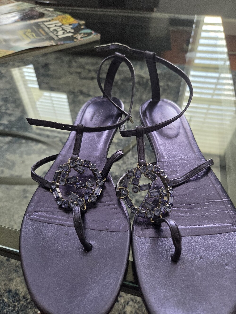 Gucci Purple Jeweled T-Strap Sandals